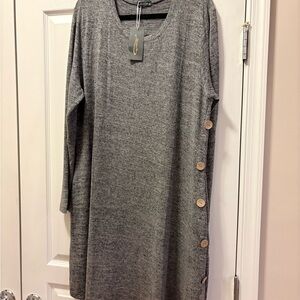Chic Gray Knit Long Sleeve Dress with Button Accents NWT